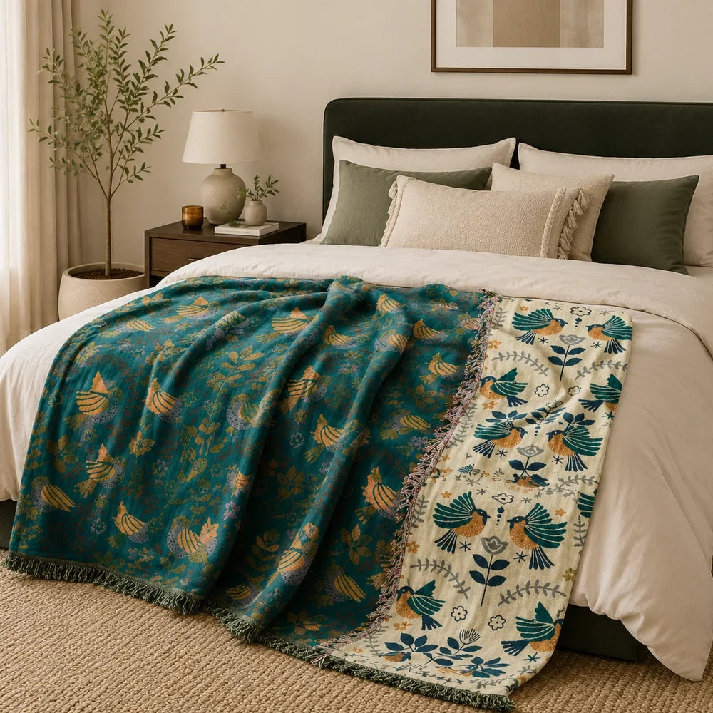 Reversible Nordic Bird Cotton Throw Blanket | Fringed Edges - Tegulane Global