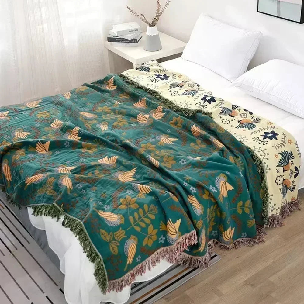 Reversible Nordic Bird Cotton Throw Blanket | Fringed Edges - Tegulane Global