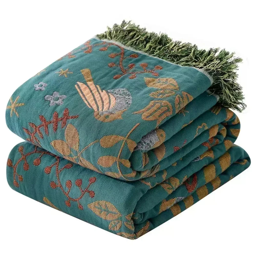 Reversible Nordic Bird Cotton Throw Blanket | Fringed Edges - Tegulane Global