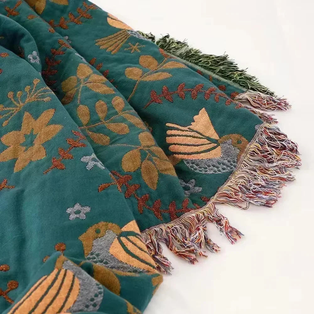 Reversible Nordic Bird Cotton Throw Blanket | Fringed Edges - Tegulane Global