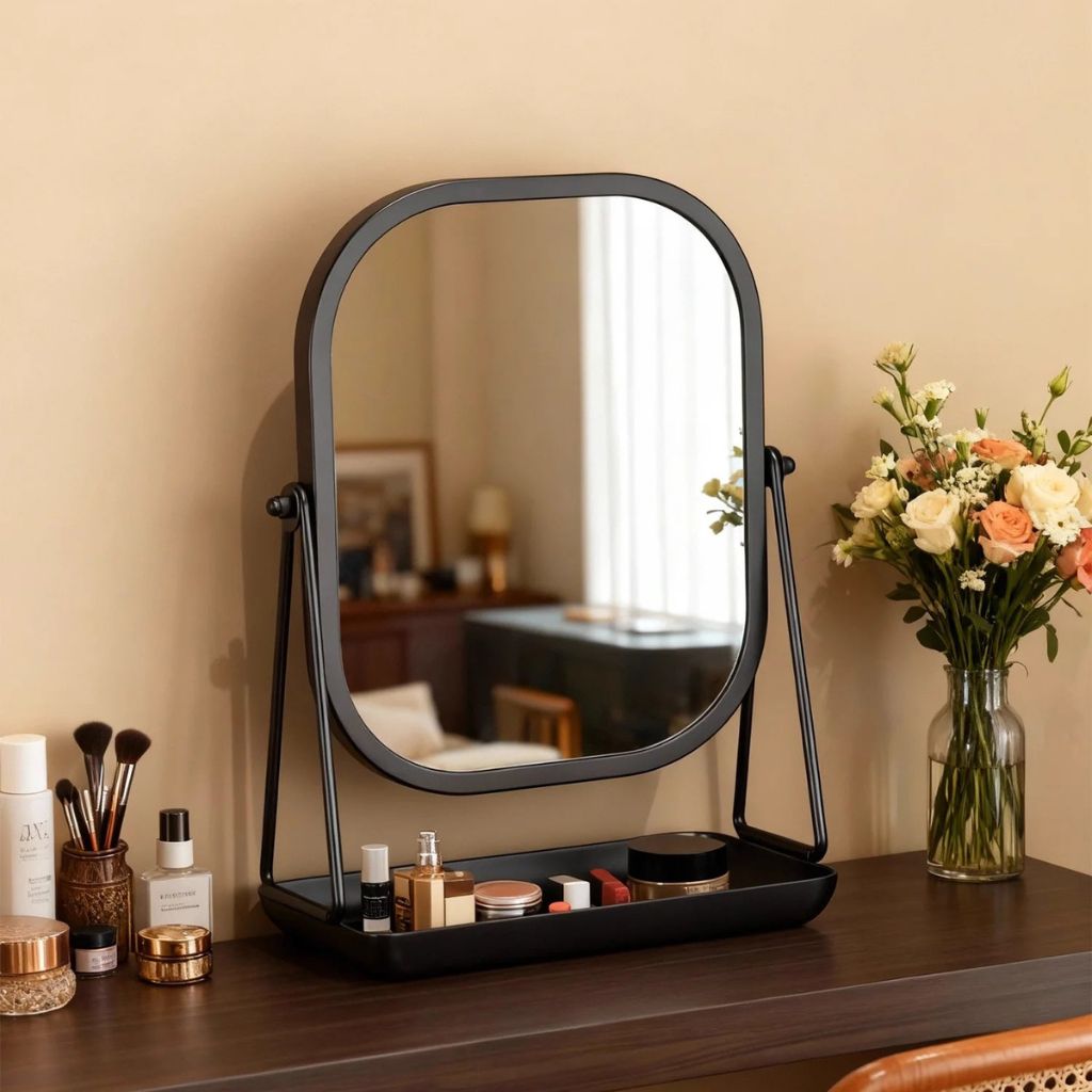 Rotating Desktop Makeup Mirror Wrought Iron Frame Storage Tray Base - Tegulane Global