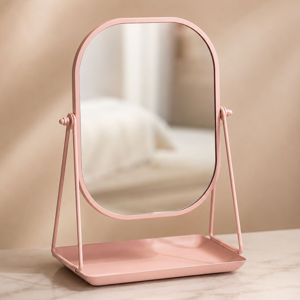 Rotating Desktop Makeup Mirror Wrought Iron Frame Storage Tray Base - Tegulane Global