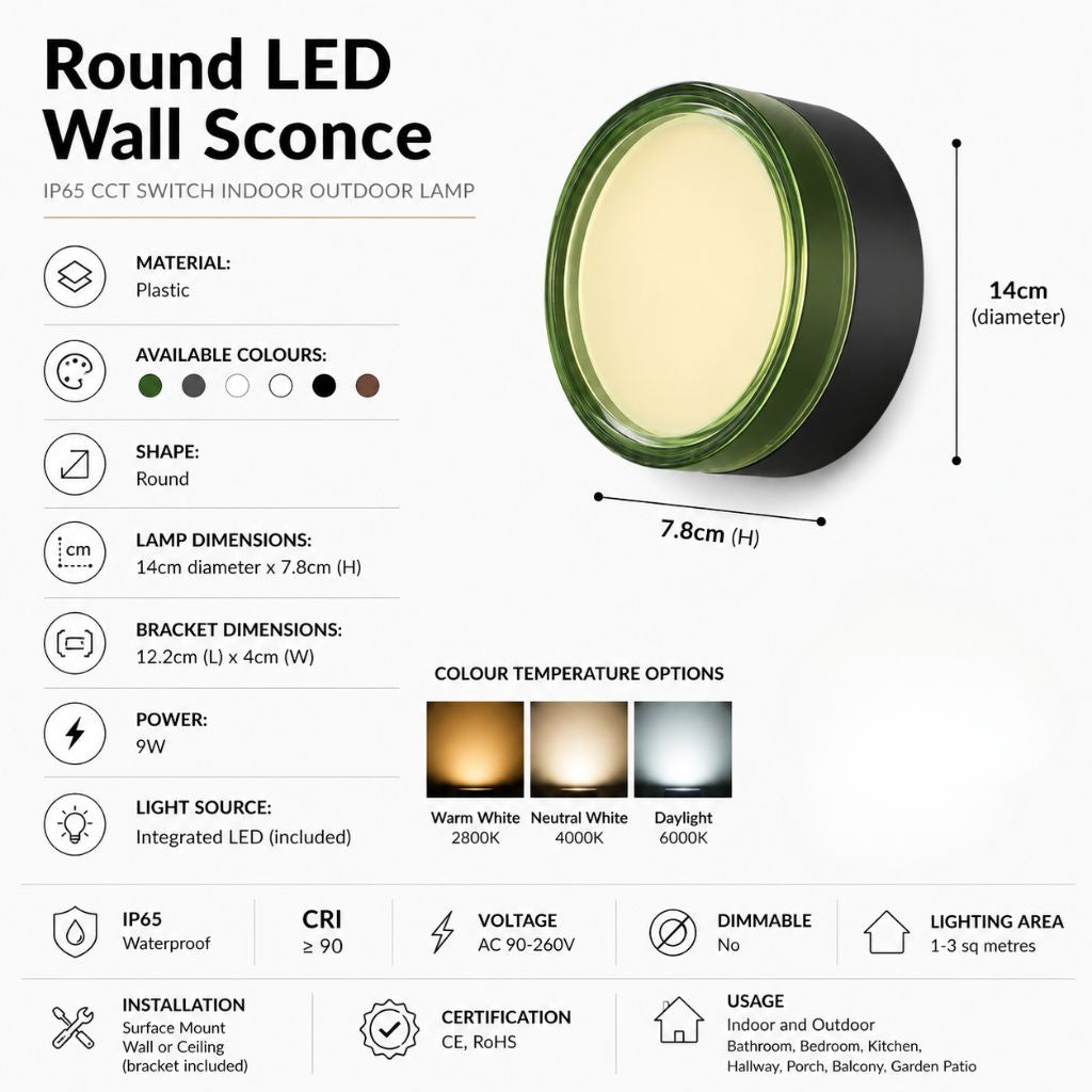 Round LED Wall Sconce IP65 CCT Switch Indoor Outdoor Lamp - Tegulane Global