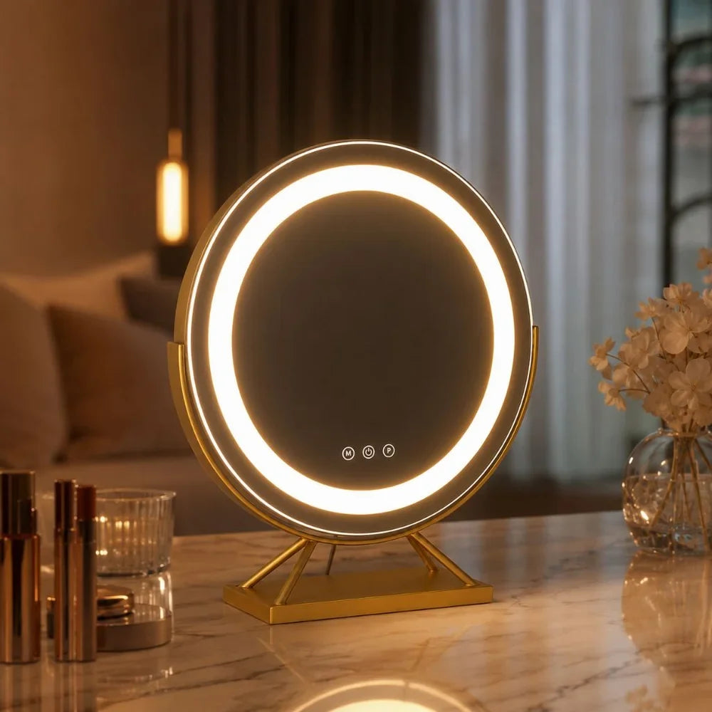 Round Lighted Vanity Tabletop Makeup Mirror LED Dimmable 15x Magnifying - Tegulane Global