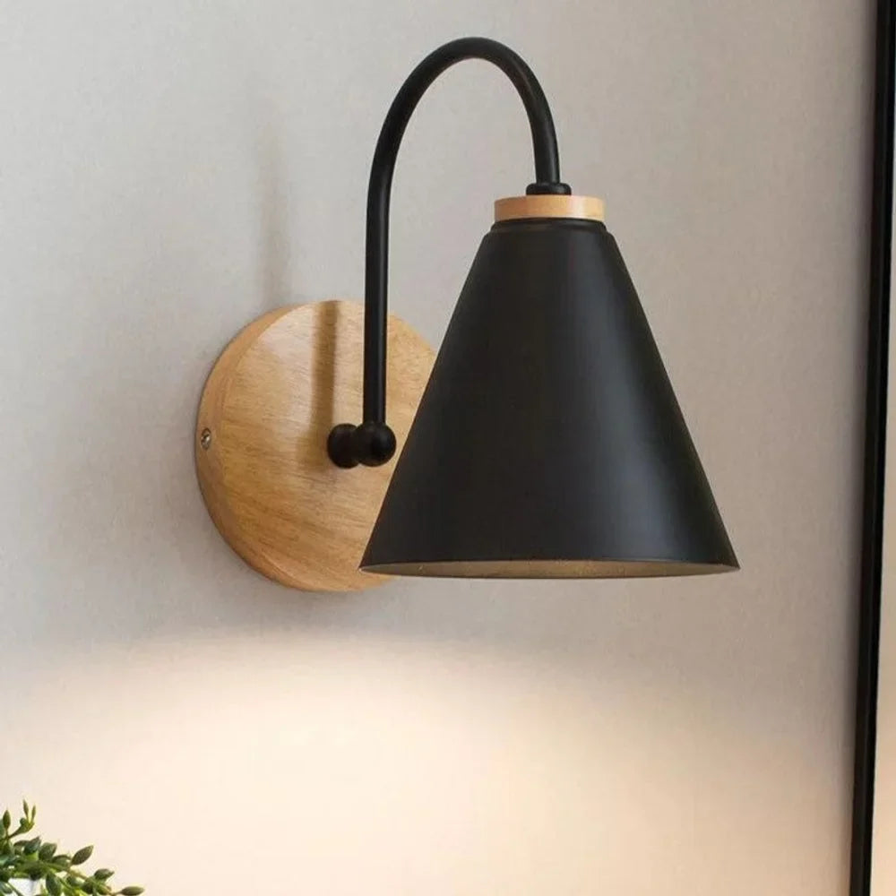 Scandinavian Cone Shade Curved Arm Wooden Wall Sconce - Tegulane Global