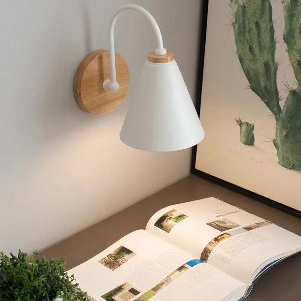 Scandinavian Cone Shade Curved Arm Wooden Wall Sconce - Tegulane Global