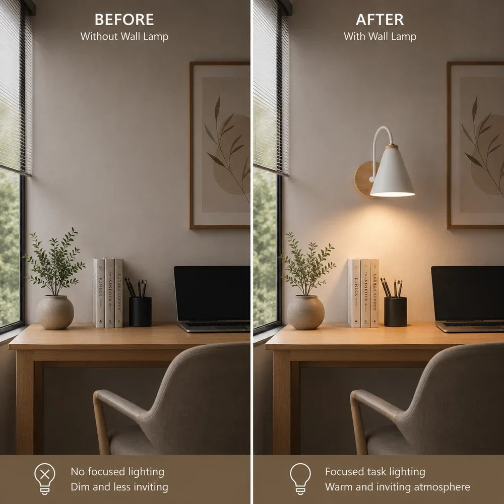 Scandinavian Cone Shade Curved Arm Wooden Wall Sconce - Tegulane Global