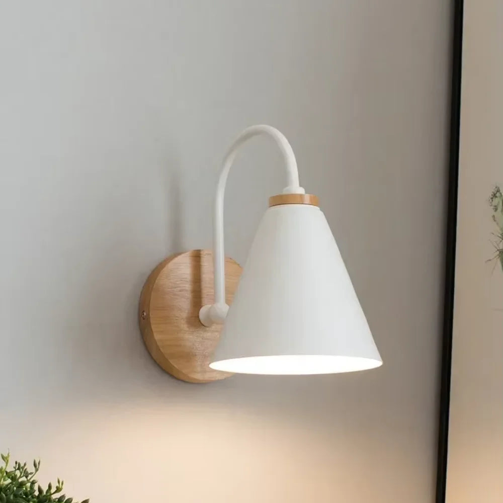 Scandinavian Cone Shade Curved Arm Wooden Wall Sconce - Tegulane Global