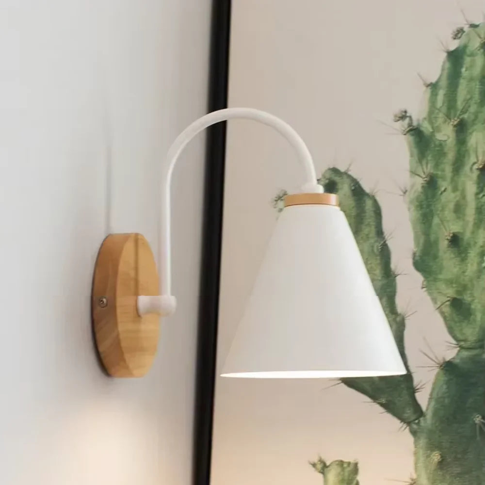 Scandinavian Cone Shade Curved Arm Wooden Wall Sconce - Tegulane Global