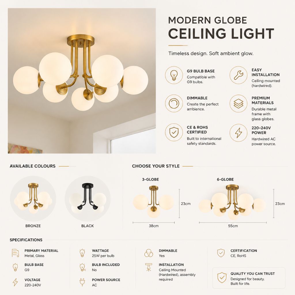 Semi Flush Mount Chandelier with Frosted Glass Globes - Tegulane Global