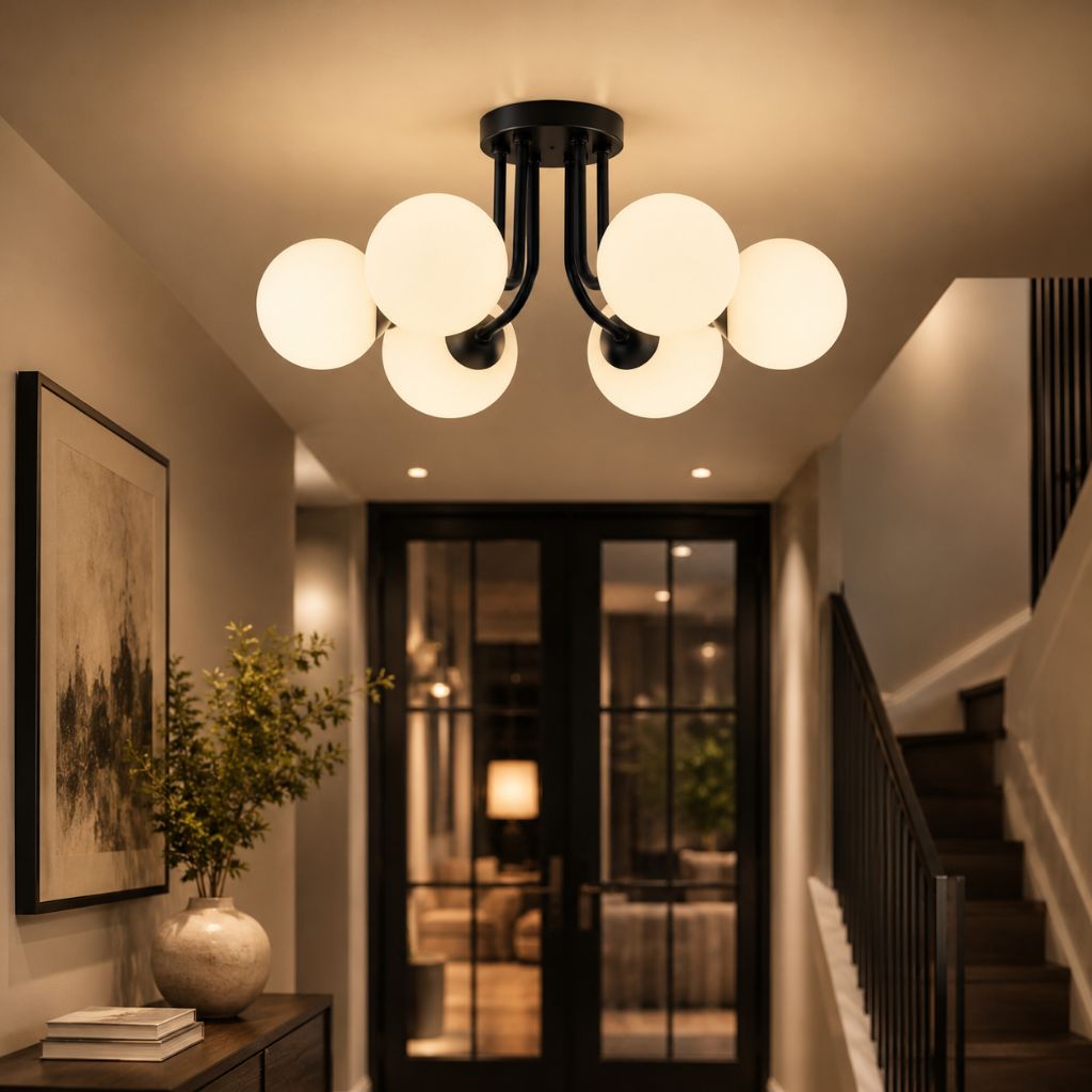 Semi Flush Mount Chandelier with Frosted Glass Globes - Tegulane Global