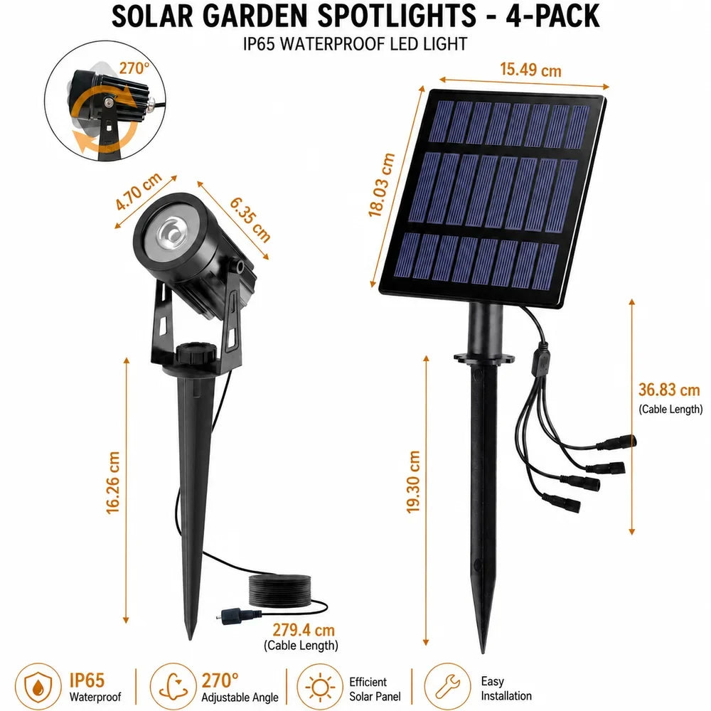 Solar Garden Spotlights - 4-Pack IP65 Waterproof LED Light - Tegulane Global