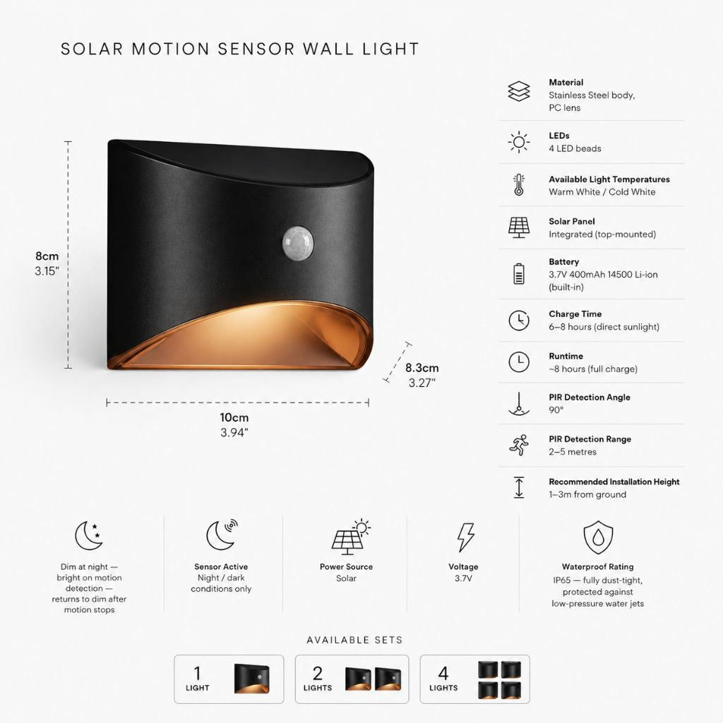 Solar Outdoor Garden Wall Light PIR Motion Sensor IP65 Waterproof Lamp - Tegulane Global
