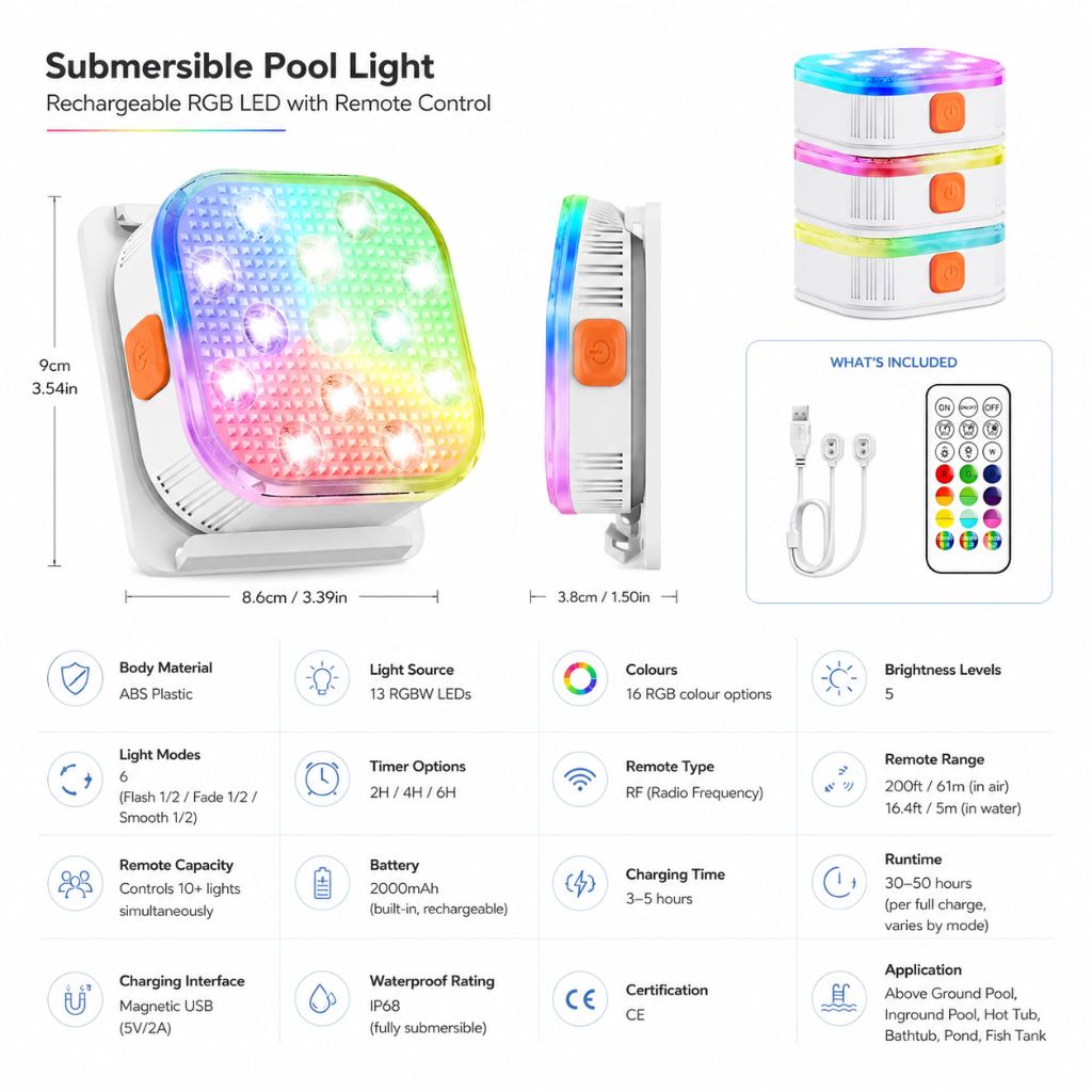 Submersible Pool Light Rechargeable RGB LED with Remote Control - Tegulane Global