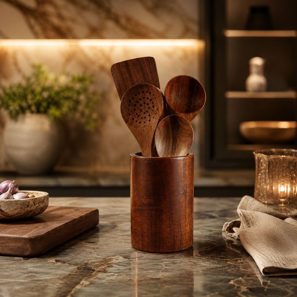 Teak Wood Kitchen Utensil Holder - Tegulane Global