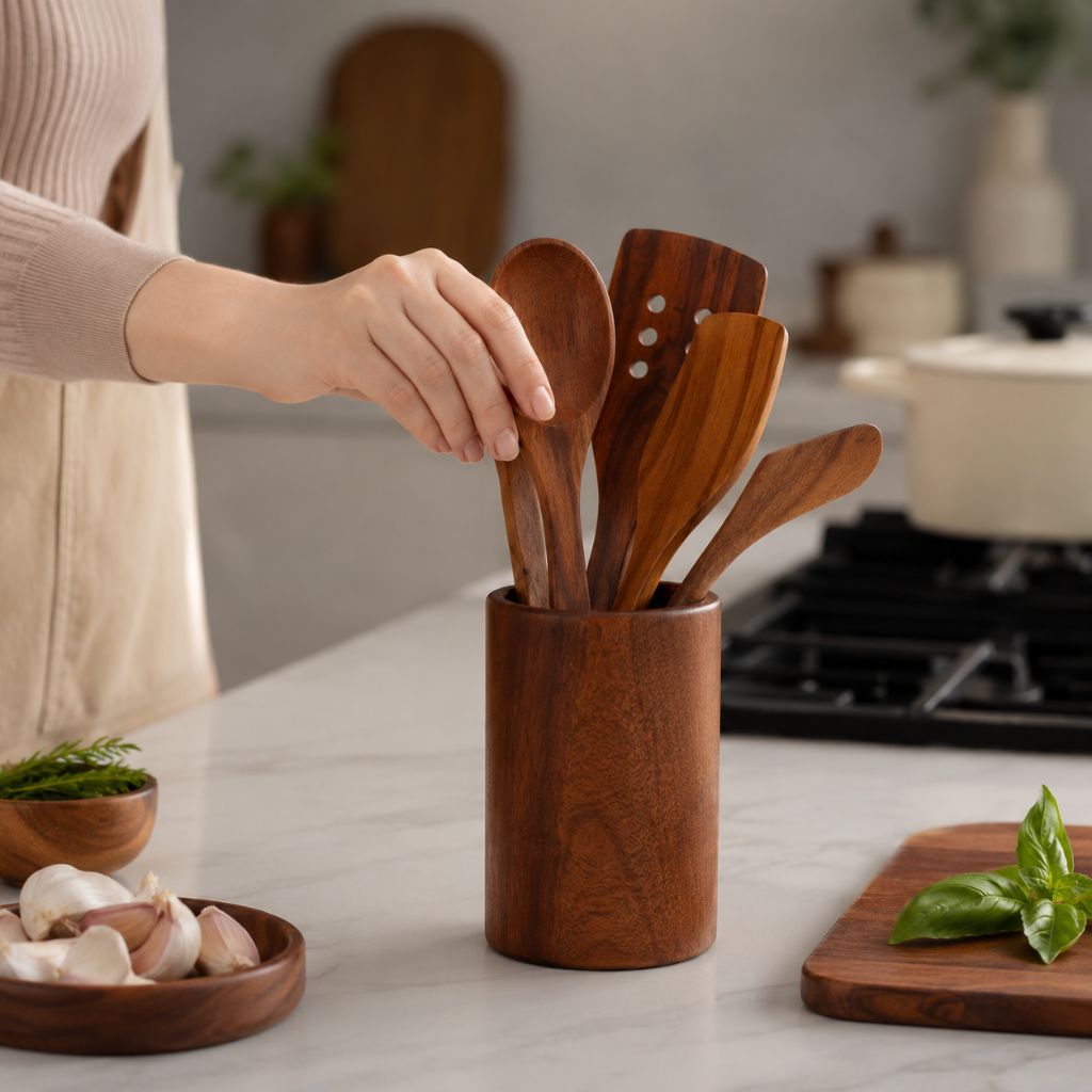 Teak Wood Kitchen Utensil Holder - Tegulane Global