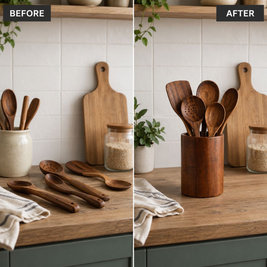 Teak Wood Kitchen Utensil Holder - Tegulane Global