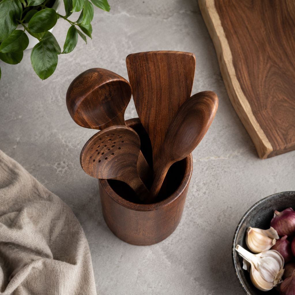 Teak Wood Kitchen Utensil Holder - Tegulane Global
