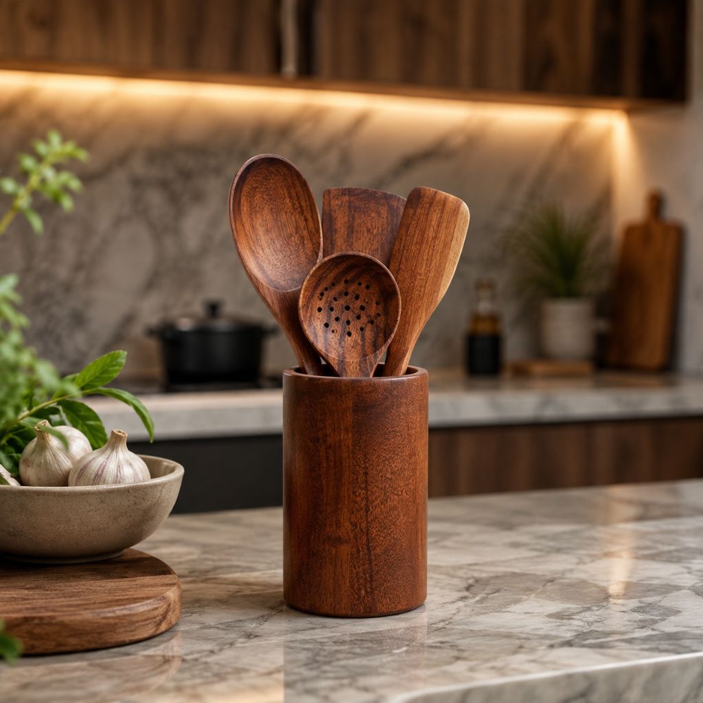 Teak Wood Kitchen Utensil Holder - Tegulane Global