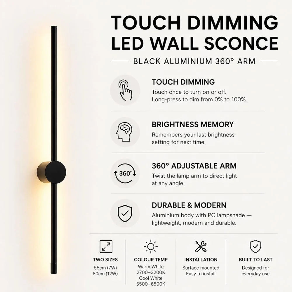 Touch Dimming LED Wall Sconce Black Aluminium 360 Arm - Tegulane Global