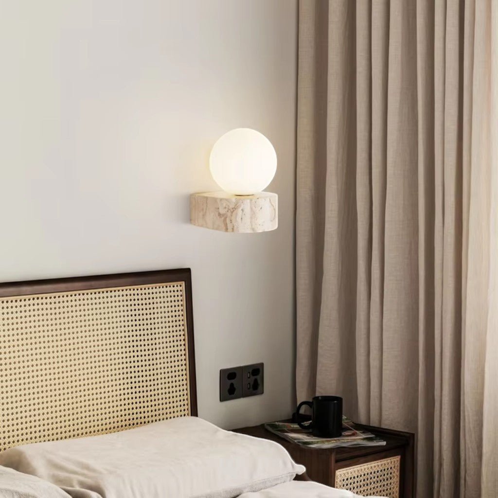 Travertine Stone Bedside Globe Wall Sconce Japanese Wabi Sabi - Tegulane Global