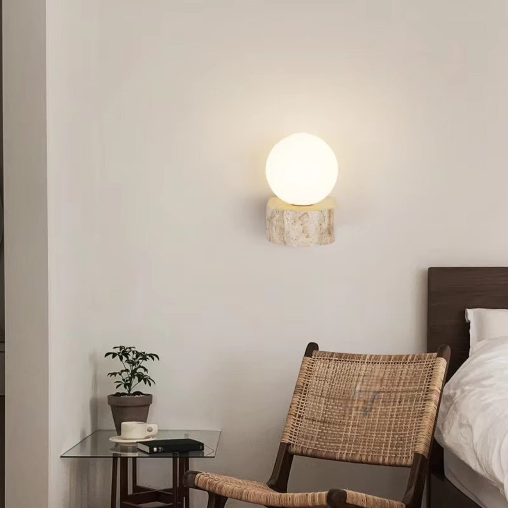 Travertine Stone Bedside Globe Wall Sconce Japanese Wabi Sabi - Tegulane Global