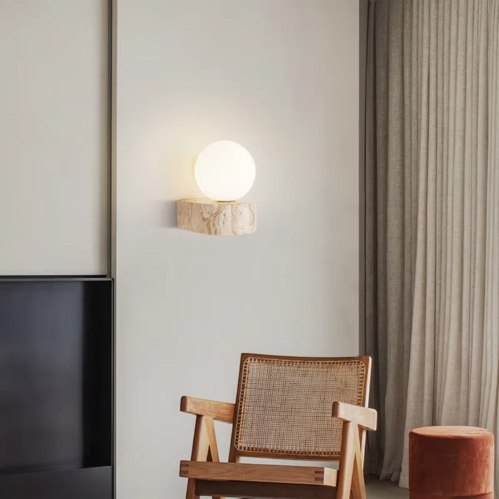 Travertine Stone Bedside Globe Wall Sconce Japanese Wabi Sabi - Tegulane Global