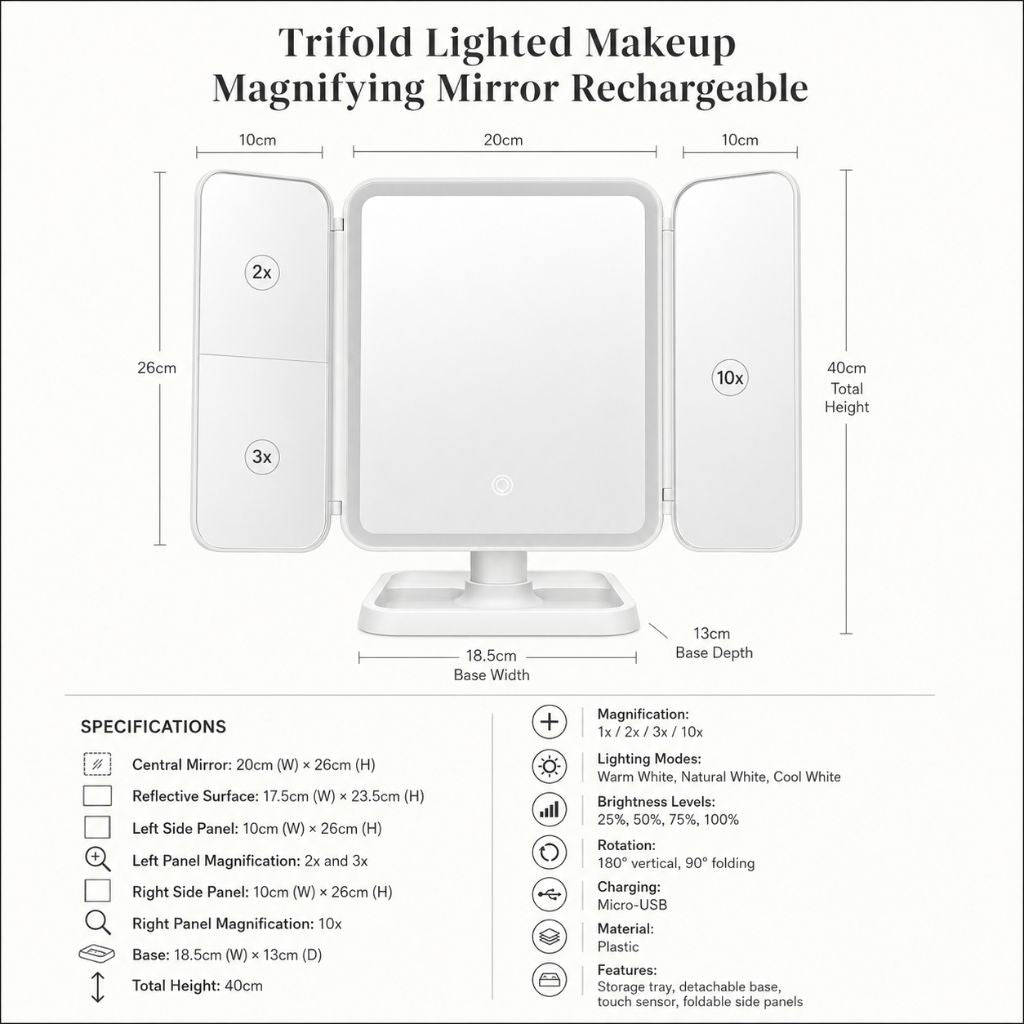 Trifold Lighted Makeup Magnifying Mirror Rechargeable - Tegulane Global
