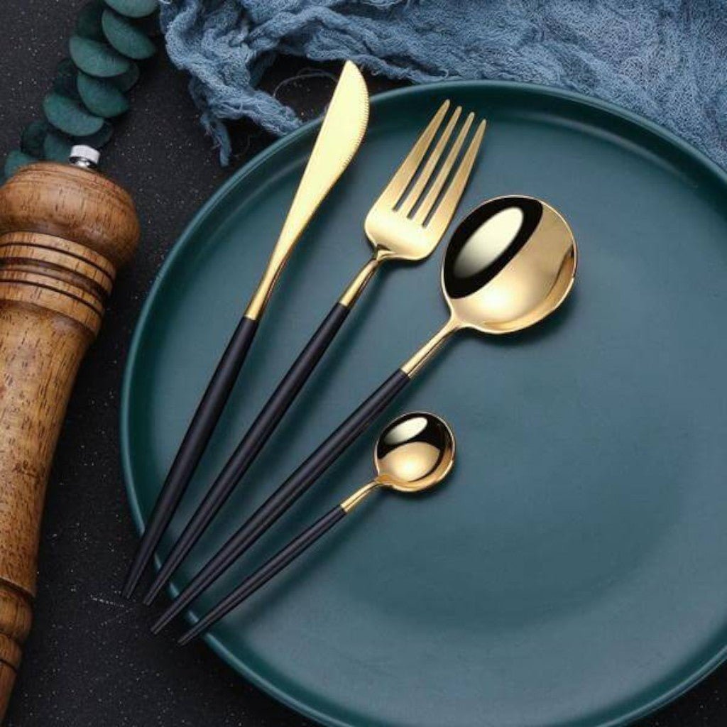 Two-Tone Handle Gold Cutlery Set - 30 Piece Flatware - Tegulane Global