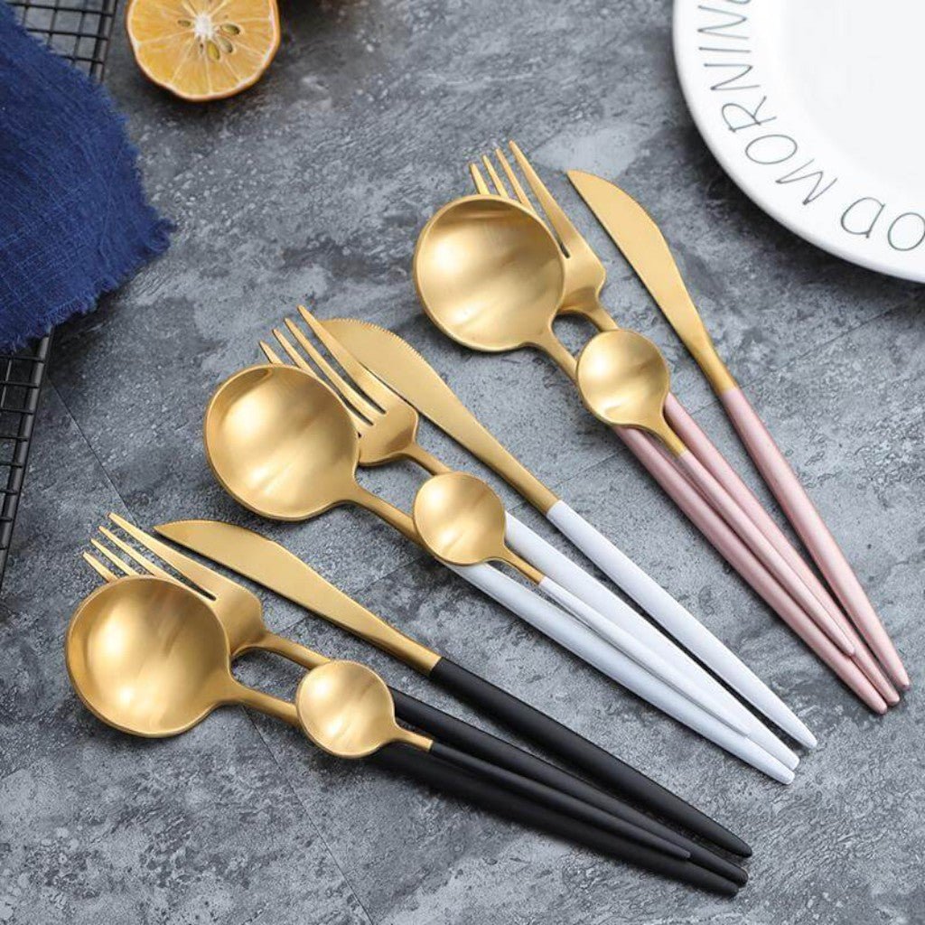 Two-Tone Handle Gold Cutlery Set - 30 Piece Flatware - Tegulane Global