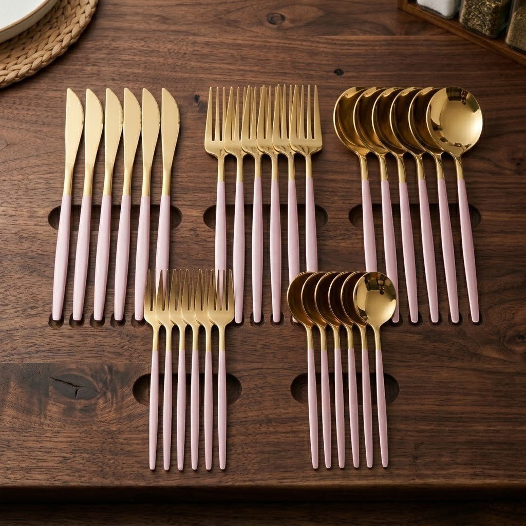 Two-Tone Handle Gold Cutlery Set - 30 Piece Flatware - Tegulane Global