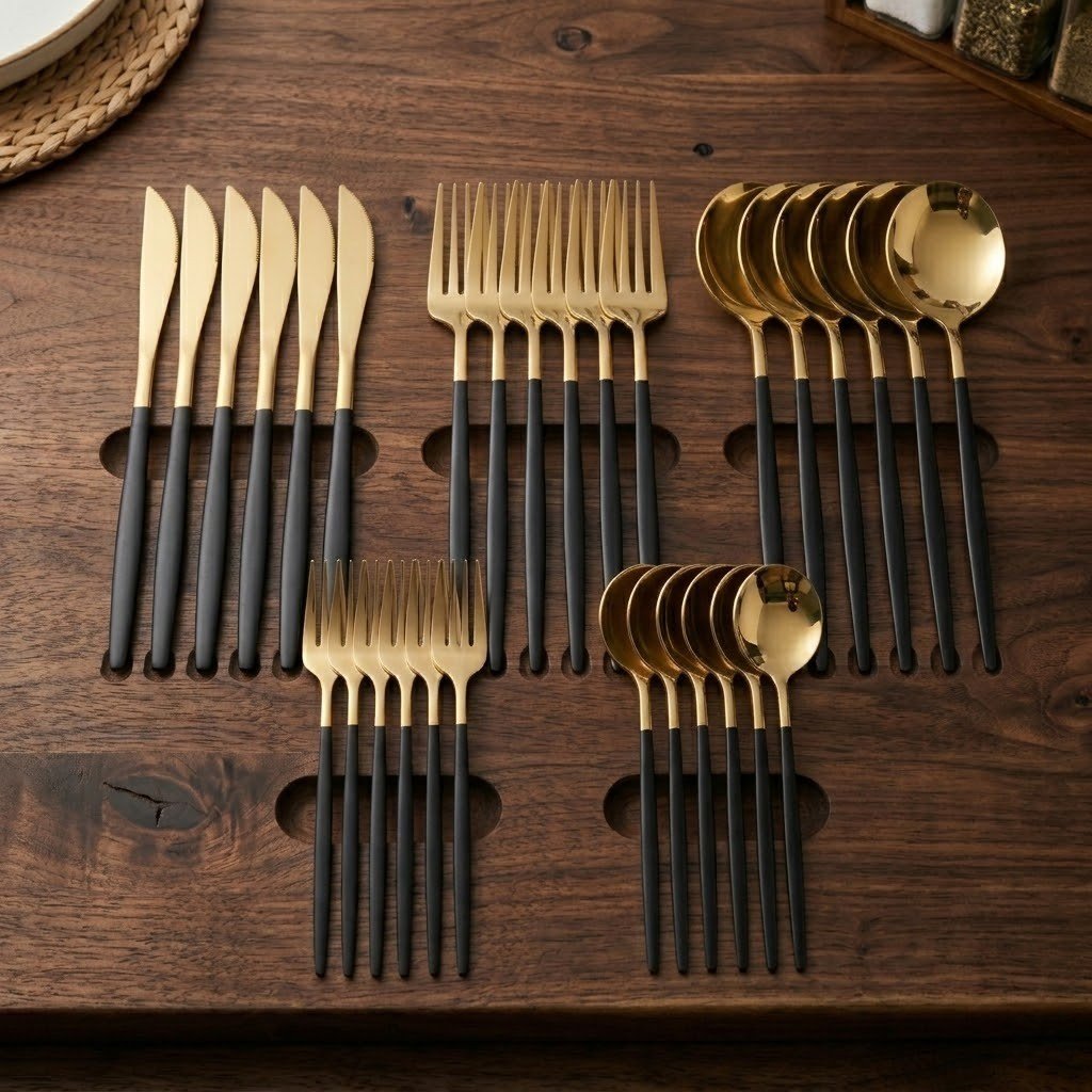 Two-Tone Handle Gold Cutlery Set - 30 Piece Flatware - Tegulane Global