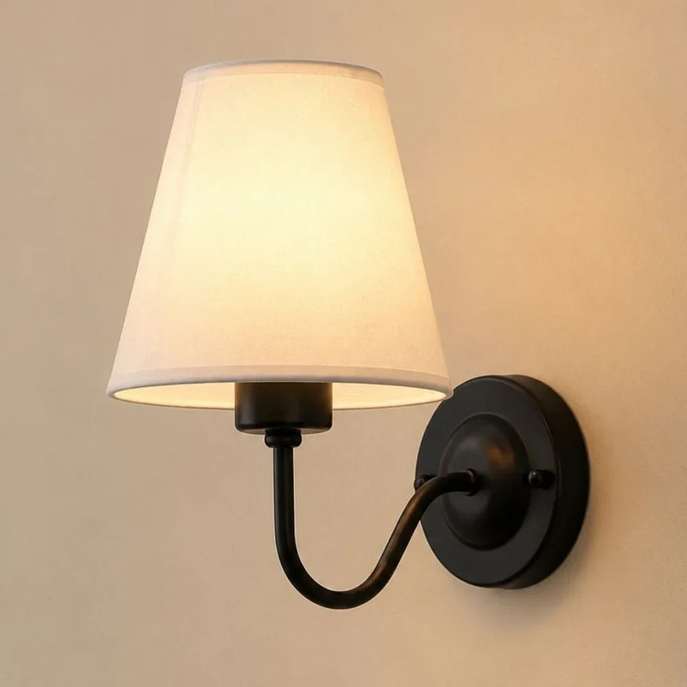 Vintage Curved Arm Metal Wall Sconce with Fabric Conical Shade - Tegulane Global