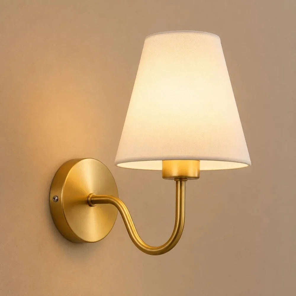 Vintage Curved Arm Metal Wall Sconce with Fabric Conical Shade - Tegulane Global