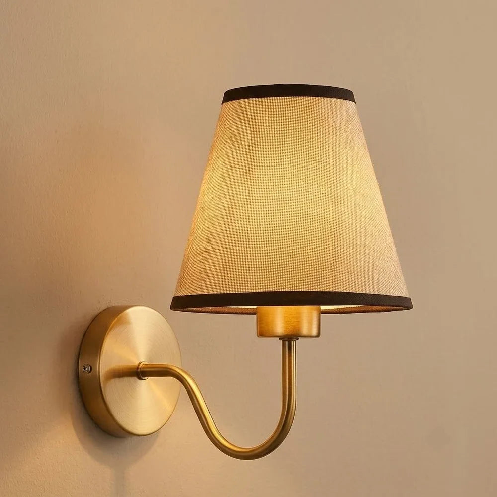 Vintage Curved Arm Metal Wall Sconce with Fabric Conical Shade - Tegulane Global
