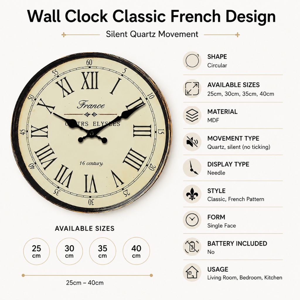 Wall Clock Classic French Design - Silent Quartz Movement - Tegulane Global