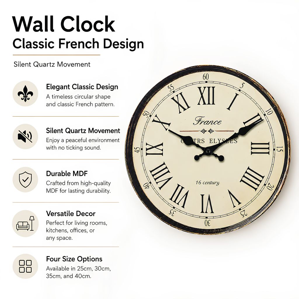 Wall Clock Classic French Design - Silent Quartz Movement - Tegulane Global