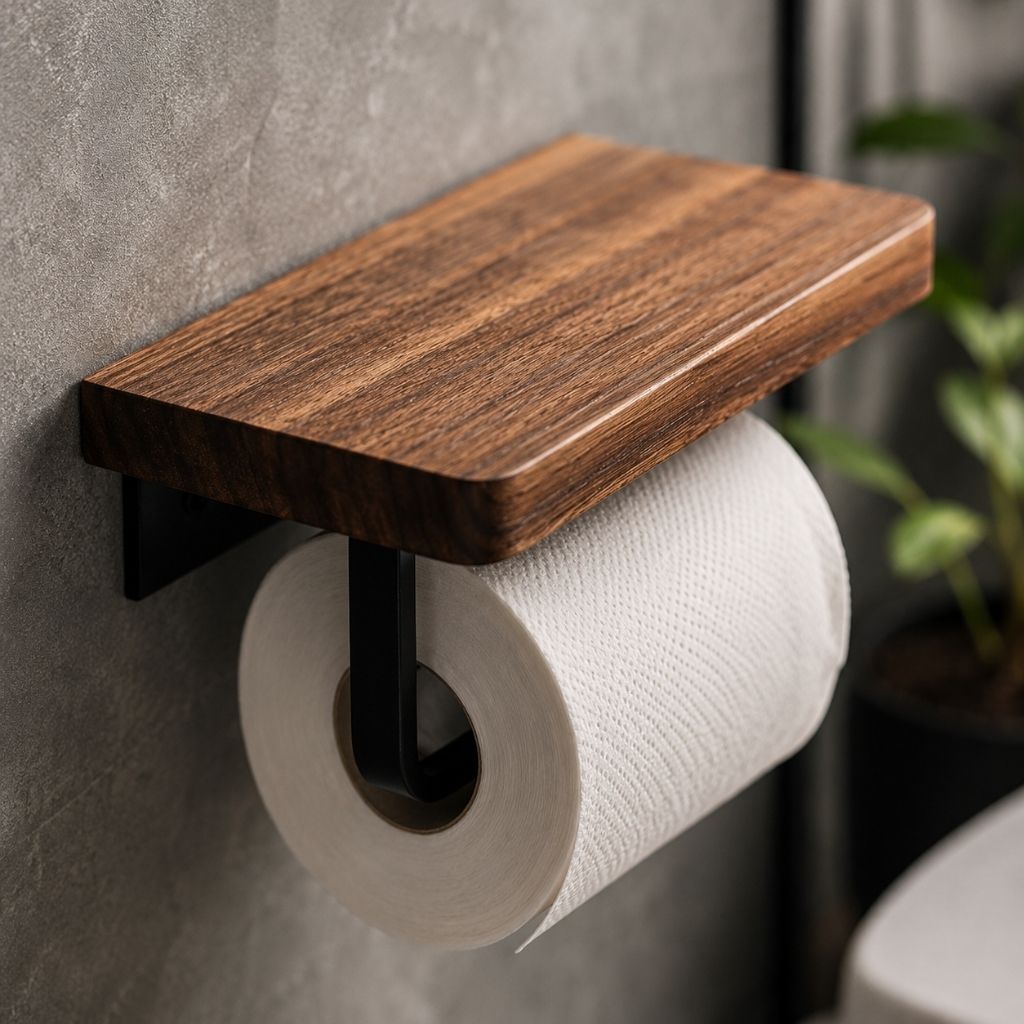 Wall-Mounted Walnut Toilet Paper Holder with Shelf