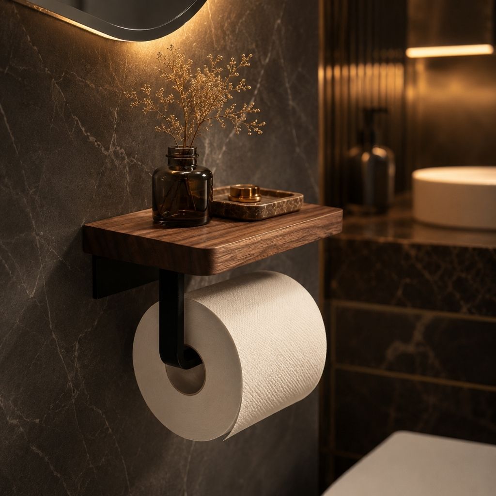 Wall-Mounted Walnut Toilet Paper Holder with Shelf - Tegulane Global