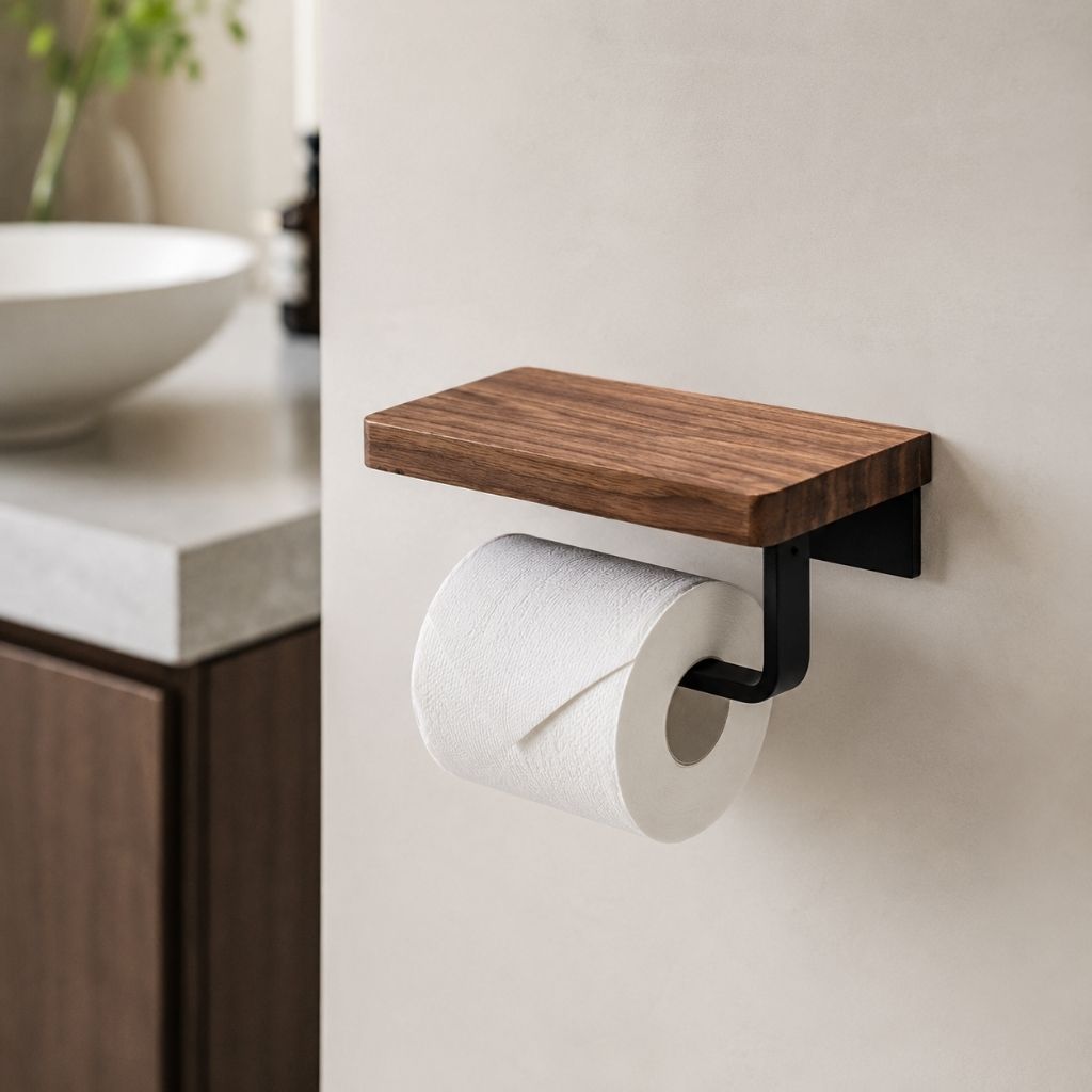 Wall-Mounted Walnut Toilet Paper Holder with Shelf - Tegulane Global