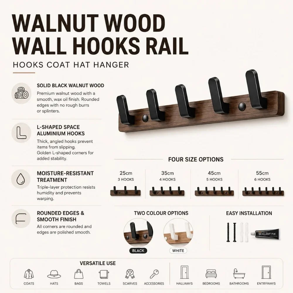 Walnut Wood Wall Hooks Rail - Hooks Coat Hat Hanger - Tegulane Global