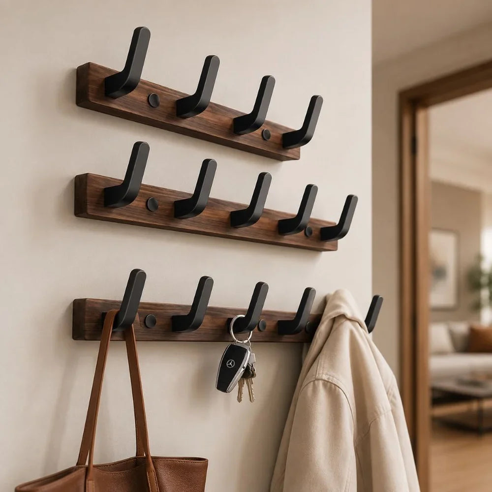 Walnut Wood Wall Hooks Rail - Hooks Coat Hat Hanger - Tegulane Global