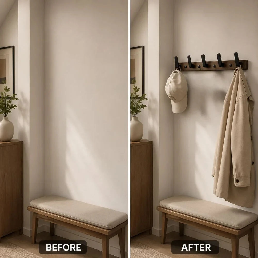 Walnut Wood Wall Hooks Rail - Hooks Coat Hat Hanger - Tegulane Global