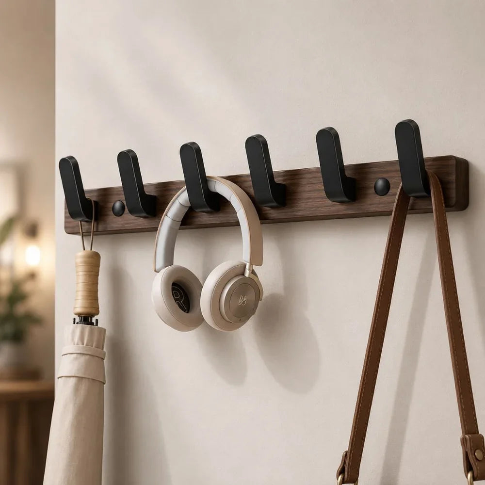 Walnut Wood Wall Hooks Rail - Hooks Coat Hat Hanger - Tegulane Global