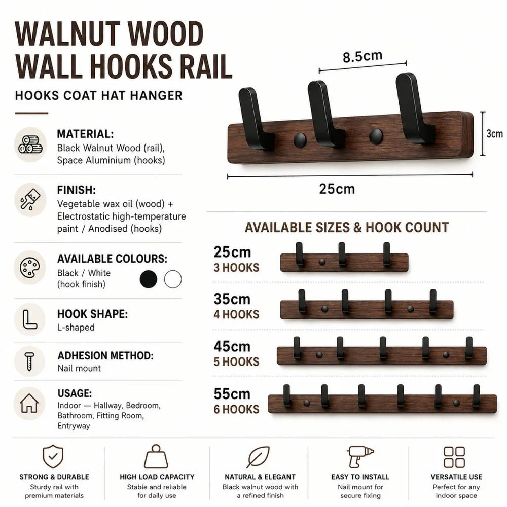 Walnut Wood Wall Hooks Rail - Hooks Coat Hat Hanger - Tegulane Global