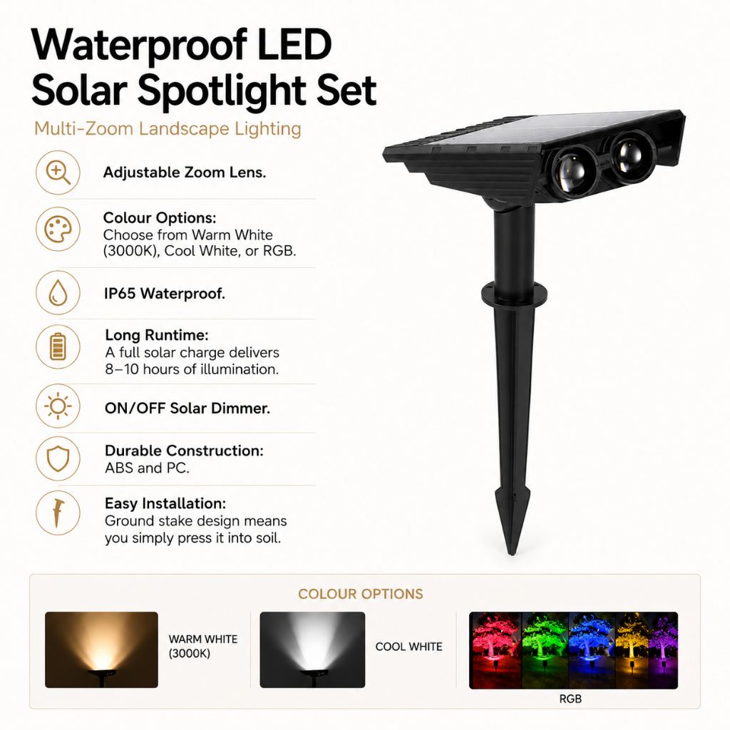 Waterproof LED Solar Spotlight Set - Multi-Zoom Landscape Lighting - Tegulane Global