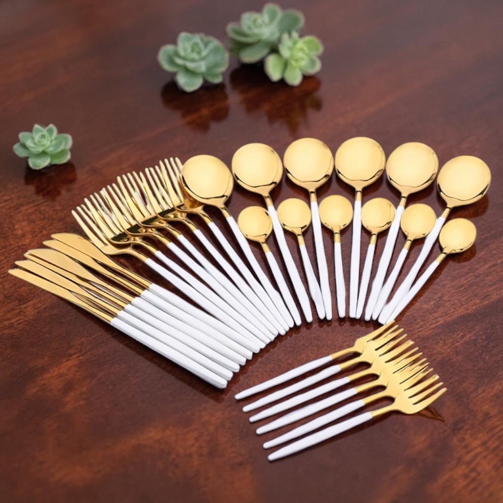 White Gold Cutlery Set - 30 Piece Flatware - Tegulane Global