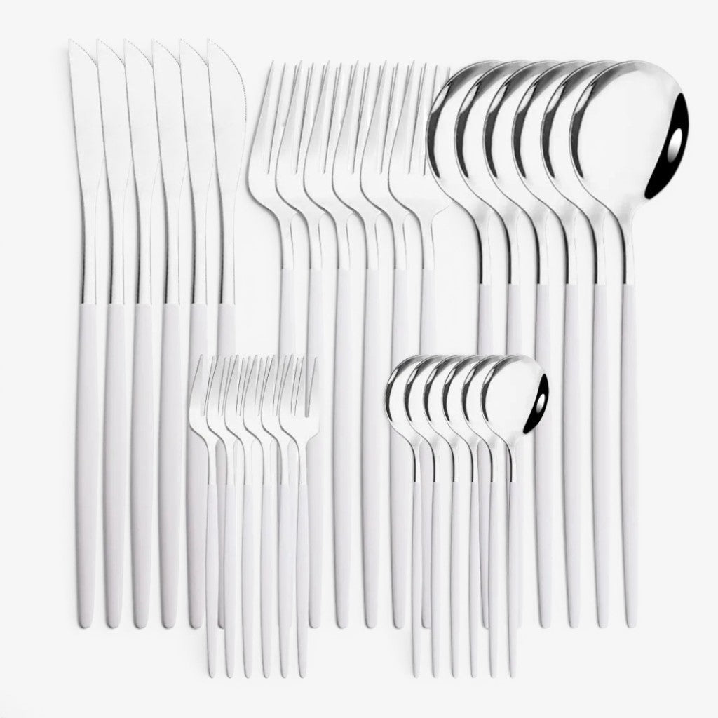 White Silver Cutlery Set - 30 Piece Flatware - Tegulane Global