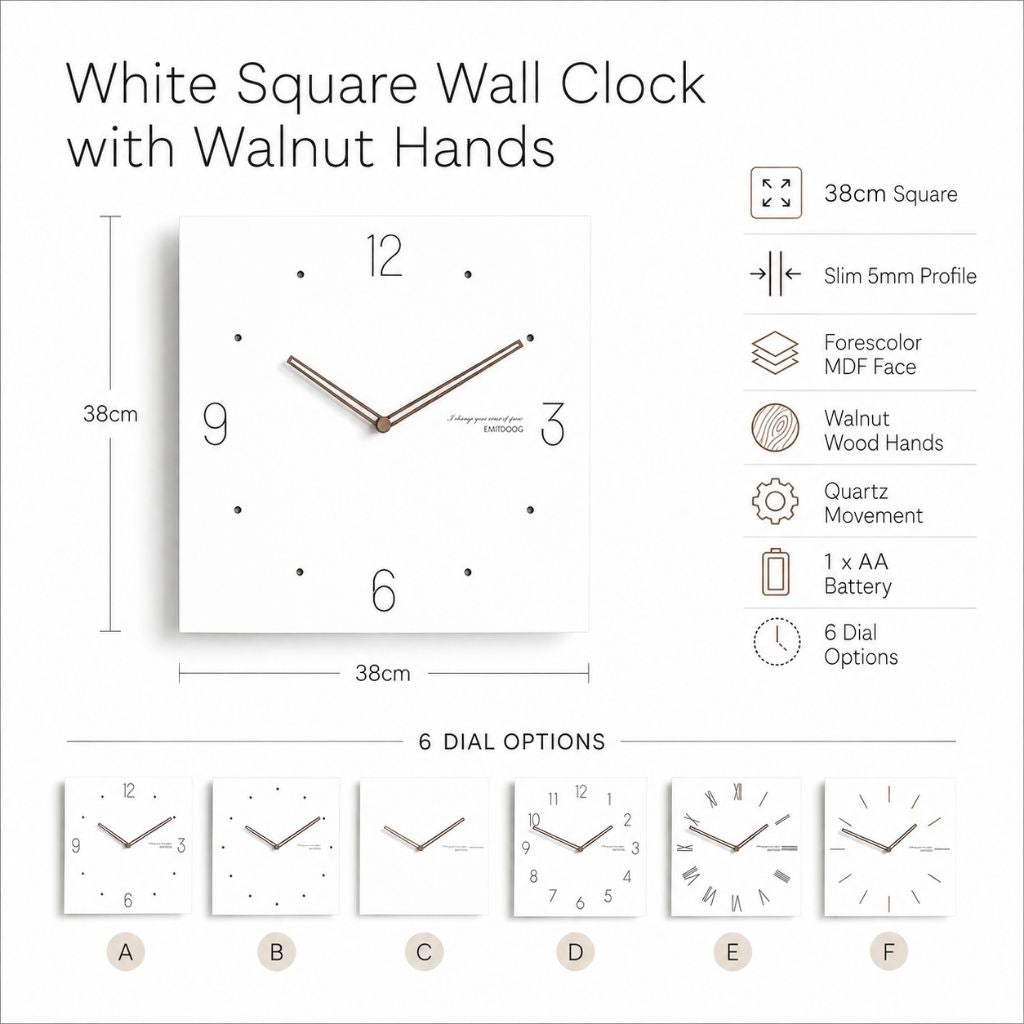 White Square Wall Clock with Walnut Hands - Tegulane Global