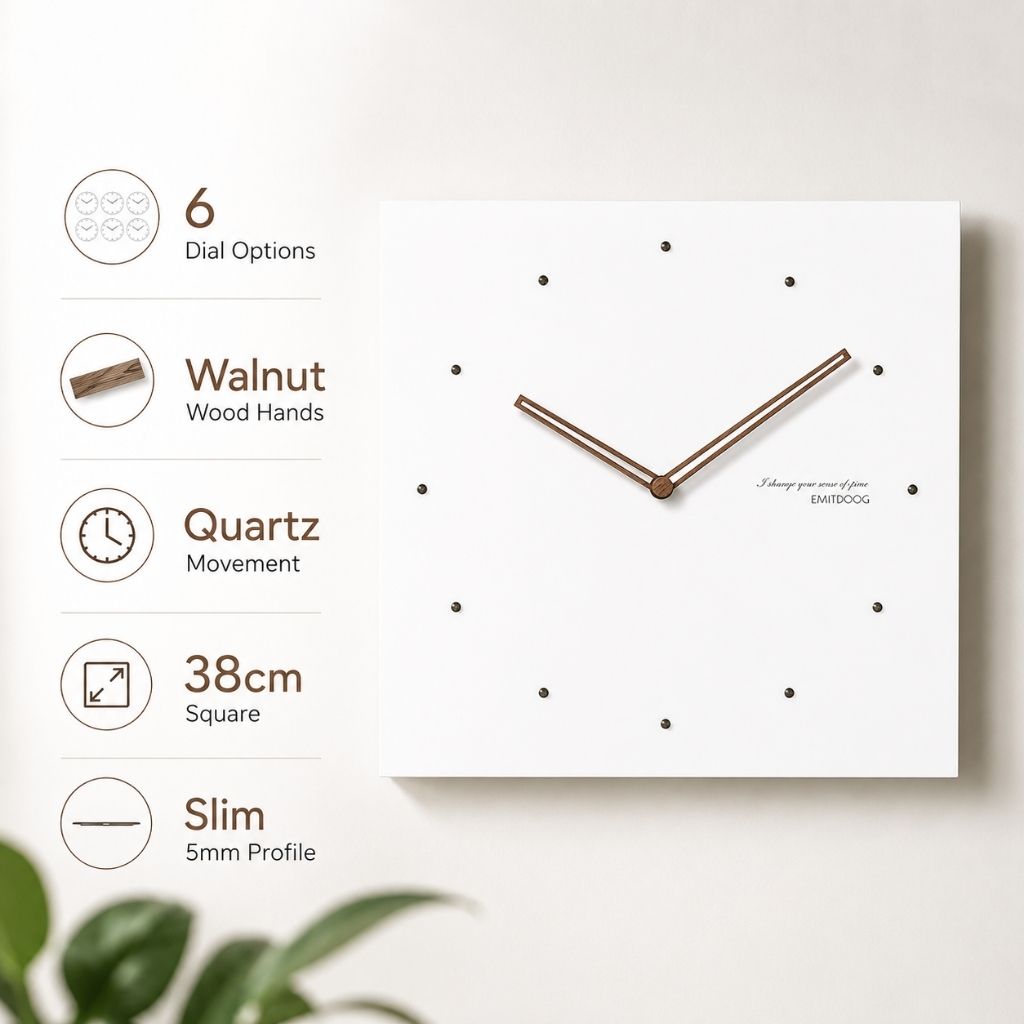 White Square Wall Clock with Walnut Hands - Tegulane Global